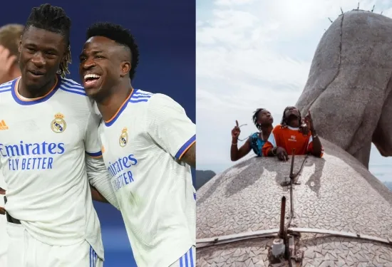 WATCH: Don't look down! Real Madrid team-mates Vinicius Junior & Eduardo Camavinga fearlessly sing next to Christ the Redeemer statue - 700 metres above Rio de Janeiro