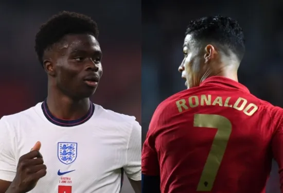 Awkward answer! Arsenal star Bukayo Saka reveals Man Utd legend Cristiano Ronaldo was his boyhood hero in Q&A with Kai Havertz